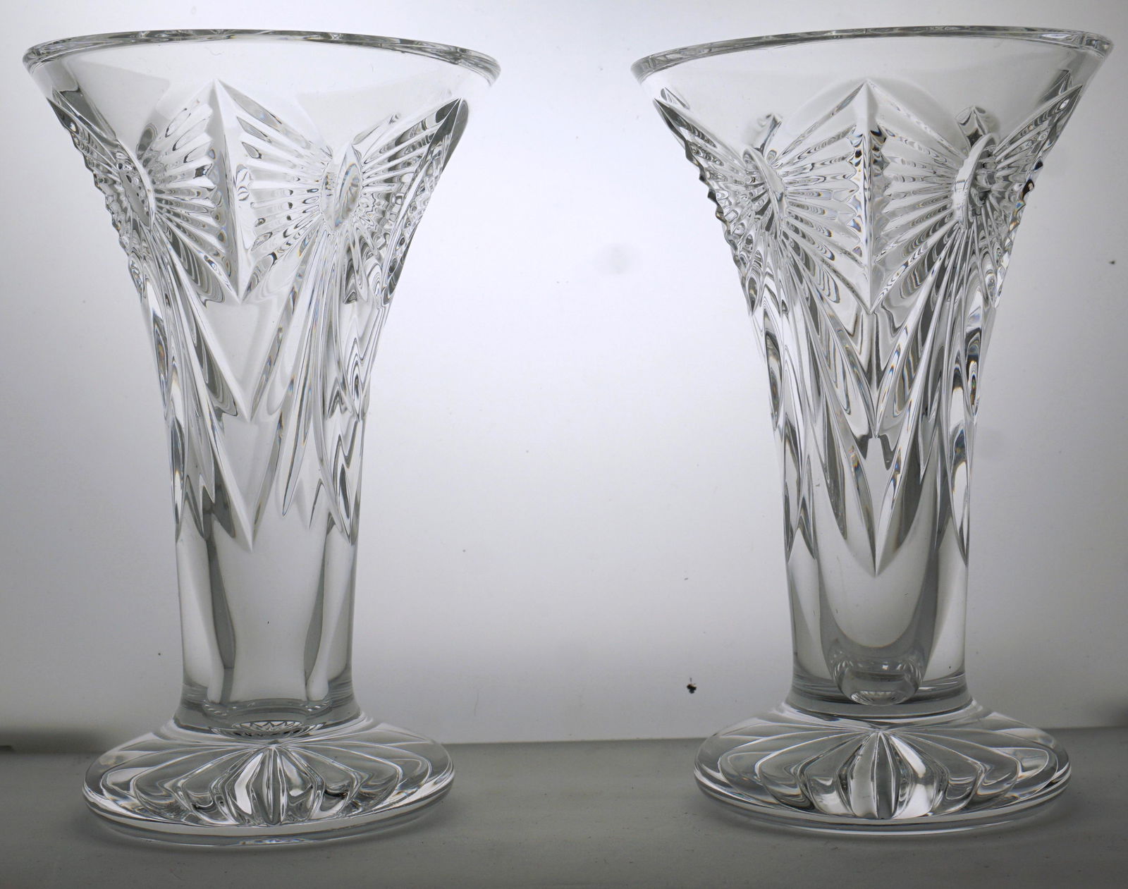 2 WATERFORD CRYSTAL MILLENIUM VASES: Matched Pair of Waterford Crystal 6" Footed Happiness Millennium Vases. Good conditio. No makers mark. Weight combined 2 pds 3 oz. PROVENANCE: A Private Charleston SC Estate.