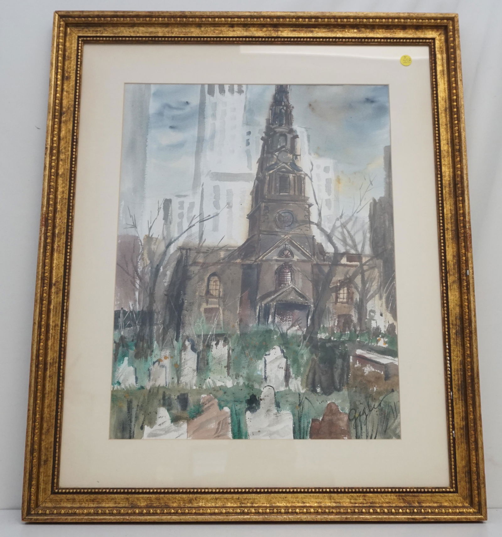 ORIGINAL MID CENTURY WATERCOLOR GIGLIO: Original Mid Century Watercolor Church with Clock Tower and cemetery in foreground. Signed lower right Giglio. Professionally framed and matted. In Frame 26"x31"x1 1/4". Weight 9 pds. NO IN HOUSE SHIP