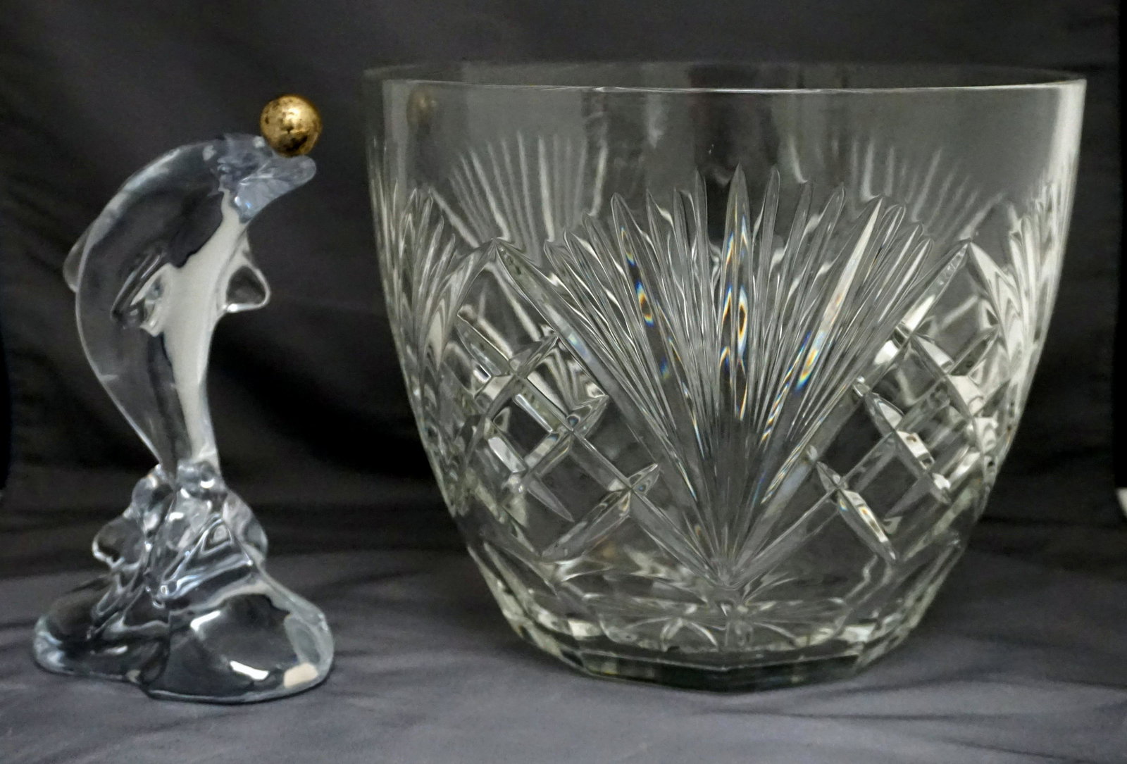 2 pc CRYSTAL ICE BUCKET & DOLPHIN: 1- Vintage Gorham Crystal Ice Bucket 9 1/4"x9 1/4"x5 1/2". 2- Dolphin with Gold Ball marked Cristal Sevres/H1 FC/France 7 1/2". Ball glued. Weight on all 9 pds 13 oz. NO IN HOUSE SHIPPING ON THIS ITEM