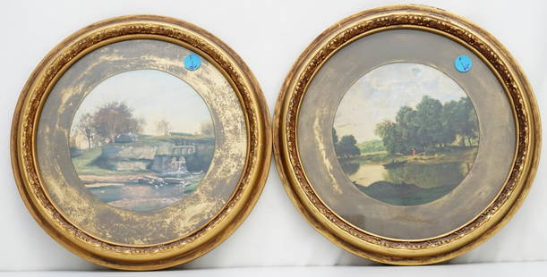 PAIR FRAMED ENGLISH PASTORAL PRINTS: Pair of 1940-50s Round Gilt Wood Framed and Matted English Pastoral Prints. Each 11 1/2"x11 1/2"x1". Weight 2 pds 6 oz. PROVENANCE: A Private Charleston SC Estate