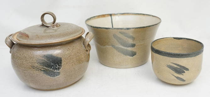 3 VINTAGE COOPER POTTERY PIECES: 3 Vintage 1980 Studio Art Pottery Bowls and Pot. All signed Cooper and dated 80/81. Small Bowl 5 1/4"x5 1/4"x3 3/4". Large Bowl. nick to rim 9 1/2"x9 1/2"x5 1/4". Covered Pot 8 3/4"x7 1/2". Weight on