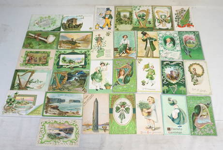 31 ANTIQUE ST PATRICKS DAY POSTCARDS: 31 Antique St. Patricks Day Postcards c. 1905-1920. Many with the original postage stamps.Publishers include Raphael Tuck, International Art, Gottschalk, Dreyfuss & Davis, Julius Bien, HIR and many