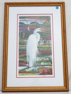 JACK THAMES (1927-2015) GREAT WHITE EGRET: Jack Conrad Thames (Charleston SC,1927-2015) Great White Egret Lithograph, pencil signed aby the artist. Professionally framed and double matted. In frame measures 15"x22"x1". Weight 4 pds. A