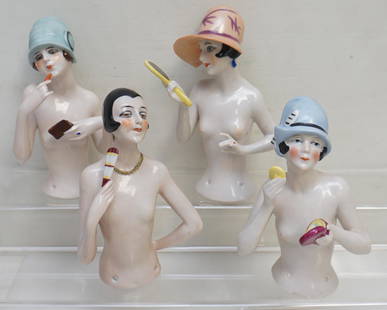 4 ART DECO NUDE HALF DOLLS - LARGER: 4 Antique / Vintage 1920-30s Art Deco German Porcelain Nude Half Dolls. Larger sized, approximately 5 3/4". Weight on all combined 1 pd. PROVENANCE: A Private Charleston SC Estate