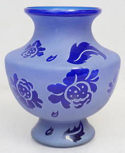 KELSEY PILGRIM COBALT CAMEO GLASS VASE: Kelsey Murphy Pilgrim Signed Cameo Art Glass Vase in Cobalt Blue. Measures 6"x6"x8". Weight 2 pds 2 oz. Under the direction of Kelsey Murphy, Pilgrim introduced an extraordinary line of cameo glass