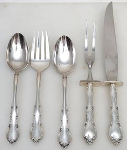 5 PC GORHAM STERLING ROSE TIARA SERVING: Five Piece Gorham Sterling Silver Rose Tiara Serving Items.. No monograms. 2 Tablespoons 8 1/2". Medium Solid Cold Meat Serving Fork 8 3/4". 2 Piece Roast Carving Set with Stainless Blade, Knife 12".
