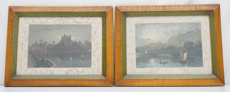 PAIR ANTIQUE ENGLISH HAND COLORED ENGRAVINGS: Pair of Antique 19th c. English Hand Colored Engravings in Matching Maple Frames. 1- 1838 Cliefden In Buckinghamshire Hand Colored Engraving Drawn By Tombleson and Published By Tombleson & Co London