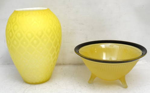 2 PC VINTAGE ART DECO & DIAMOND QUILTED GLASS: Vintage Yellow Diamond Quilted Satin Glass Vase 8 1/4" and Art Deco Footed Bowl 7 1/2"x7 1/2"x3 3/4". Weight combined 2 pds 15 oz. PROVENANCE: A Private Charleston SC Estate