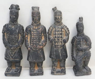 GROUP OF 4 CHINESE TERRACOTTA WARRIORS: A group of 4 Vintage 1980s 20th c. Chinese Terracotta Warriors. Tallest 6 1/2". Weight on all 1 pd 11 oz. Miniaturized replicas of one of a vast army of life sized terracotta warriors discovered in