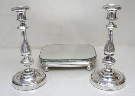 ANTIQUE SILVERPLATE PLATEAU & CANDLESTICKS: Antique Silverplate Mirror Plateau 8 1/2"x6". Two Etched Floral Continental Silverplate Candlesticks 9 3/4". Weight on all 3 pds 13 oz. PROVENANCE: The Estate of Dr. Fraser Wilson, Charleston SC. Dr.