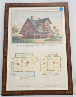 SCIENTIFIC AMERICAN SOUTHERN RESIDENCE - FRAMED: Framed Scientific American September 1887 Supplement "A Southern Residence of Moderate Cost". Professionally framed and matted, in Marquetry Frame. Measures 12"x18"x1/2". Weight 2 pds. PROVENANCE: A