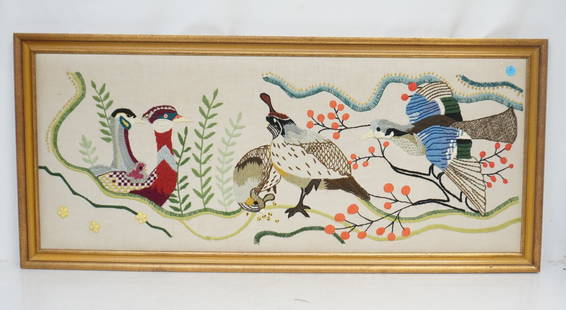 VINTAGE CREWEL WORK QUAIL & DUCKS: Vintage Framed Crewel Work Quail & Ducks. Professionally framed no glass measures 18"x40 1/2"x1". * NO IN HOUSE SHIPPING. PROVENANCE: A Private Charleston SC Estate. ***Pickup only or Shipping on