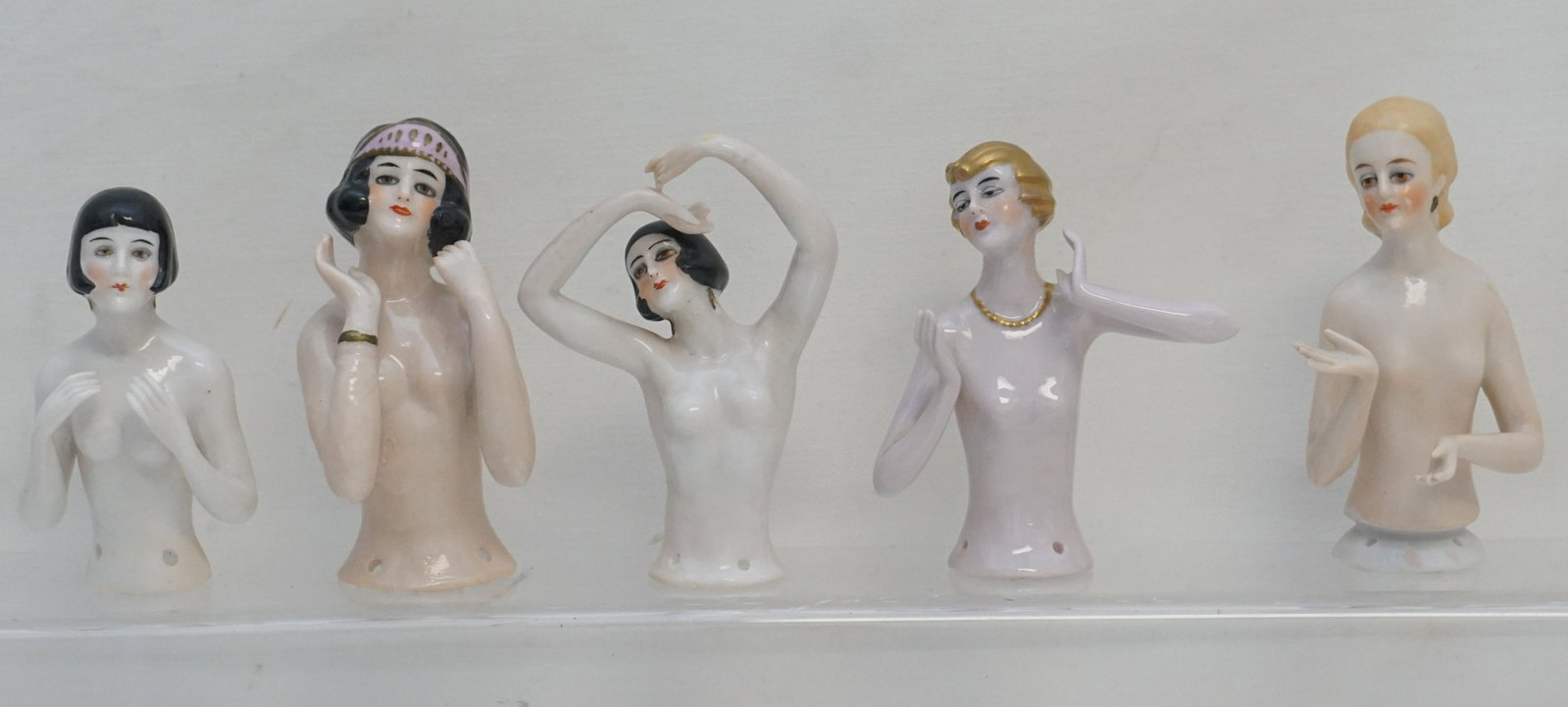 5 ART DECO NUDE HALF DOLLS: 5 Antique / Vintage 1920-30s Art Deco German Porcelain Nude Half Dolls. Tallest 4". Weight on all combined 12 oz. PROVENANCE: A Private Charleston SC Estate