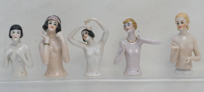 5 ART DECO NUDE HALF DOLLS: 5 Antique / Vintage 1920-30s Art Deco German Porcelain Nude Half Dolls. Tallest 4". Weight on all combined 12 oz. PROVENANCE: A Private Charleston SC Estate