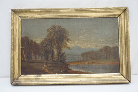 19th c LANDSCAPE OIL ON CANVAS - MUNSON: Antique 19th c. Oil on Canvas Landscape with River. Signed lower right Munson. Craquelure, minor flaking. In frame measures 17"x11"x1". Weight 2 pds. PROVENANCE: A Private Charleston SC Estate
