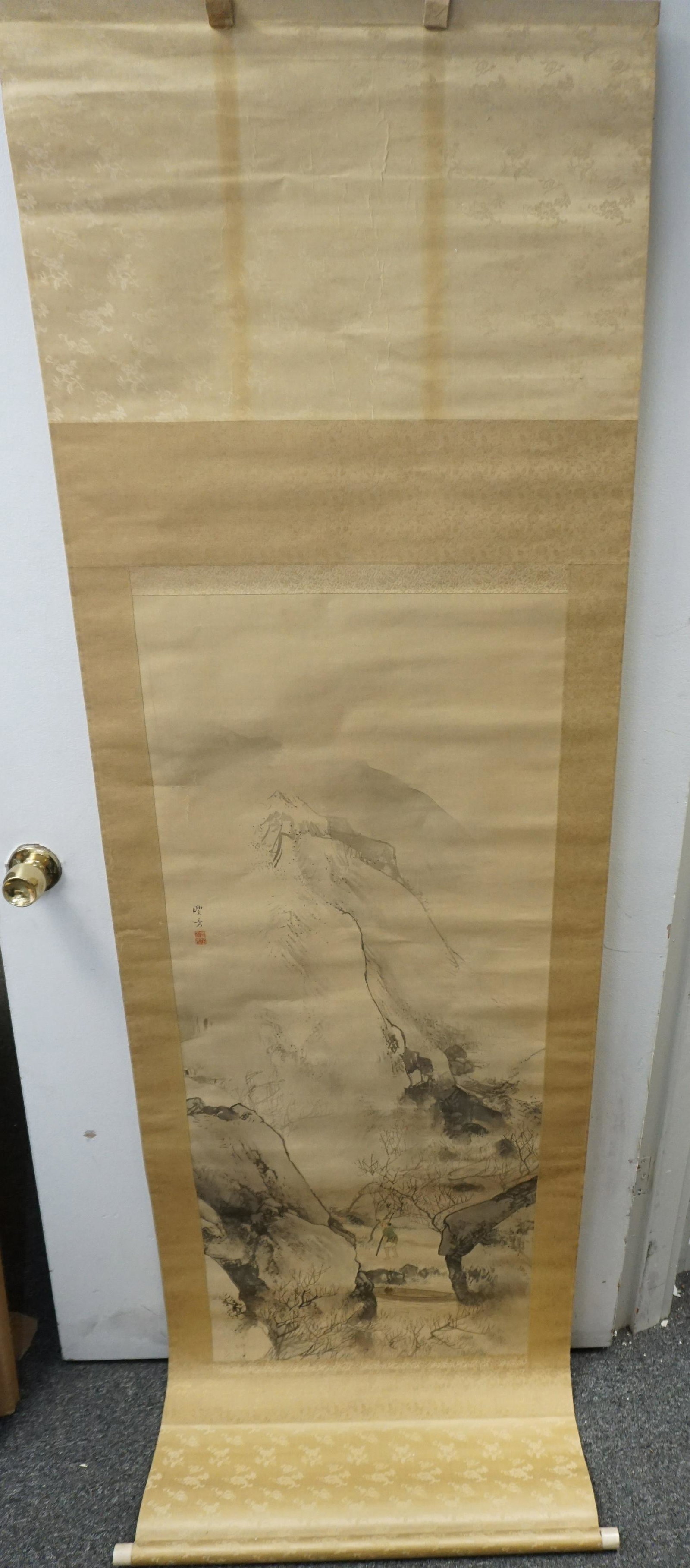 CHINESE SCROLL PAINTING TRAVELER: Chinese Scroll Painting, Traveler in the Wilderness. Ink and Watercolor mounted to Silk Brocade. Measures 26"X83". Weight 2 pds. PROVENANCE: A Private Charleston SC Estate