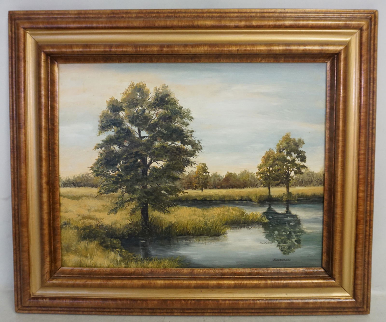 LOWCOUNTRY MARSH LANDSCAPE POLLY SWENSON: Pauline Masters (Polly) Swenson (1939-2017) Oil on Masonite Lowcountry Marsh Landscape. Polly Swenson painted and sold many works of art in Virginia, Washington State, California and South Carolina an