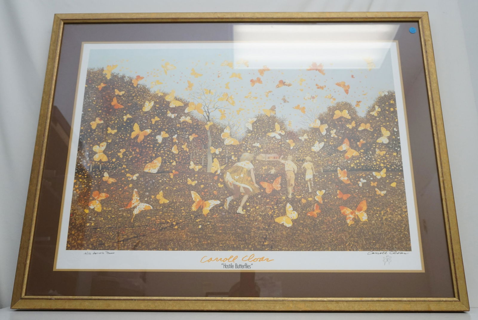 HOSTILE BUTTERFLIES SCARCE CARROLL CLOAR SIGNED ARTISTS: A scarce large Carroll Cloar (Tennessee, 1913-1993) signed artists proof lithographic poster on paper titled "Hostile Butterflies" with an added butterfly he drew under his signed name. A group of chi