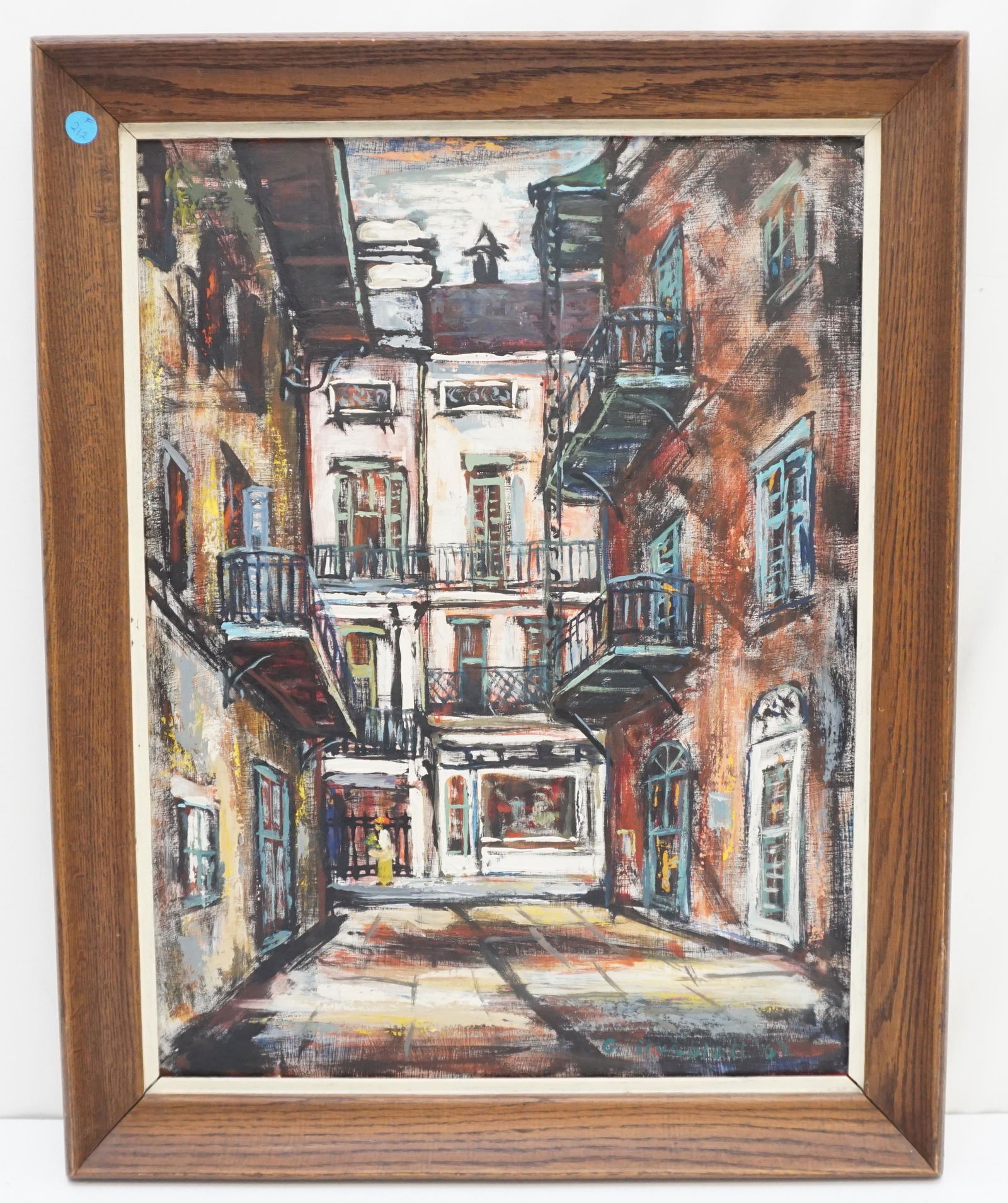 MID CENTURY 1962 GEORGE GRUNBLATT NEW ORLEANS: George Grunblatt (1923-2000) 1962 Oil on Masonite Cabildo Alley in New Orleans. In Oak Frame measure 22"x 28"x2". Weight 4 pds 5 oz. artist George Grunblatt was born in 1923. George Grunblatt received