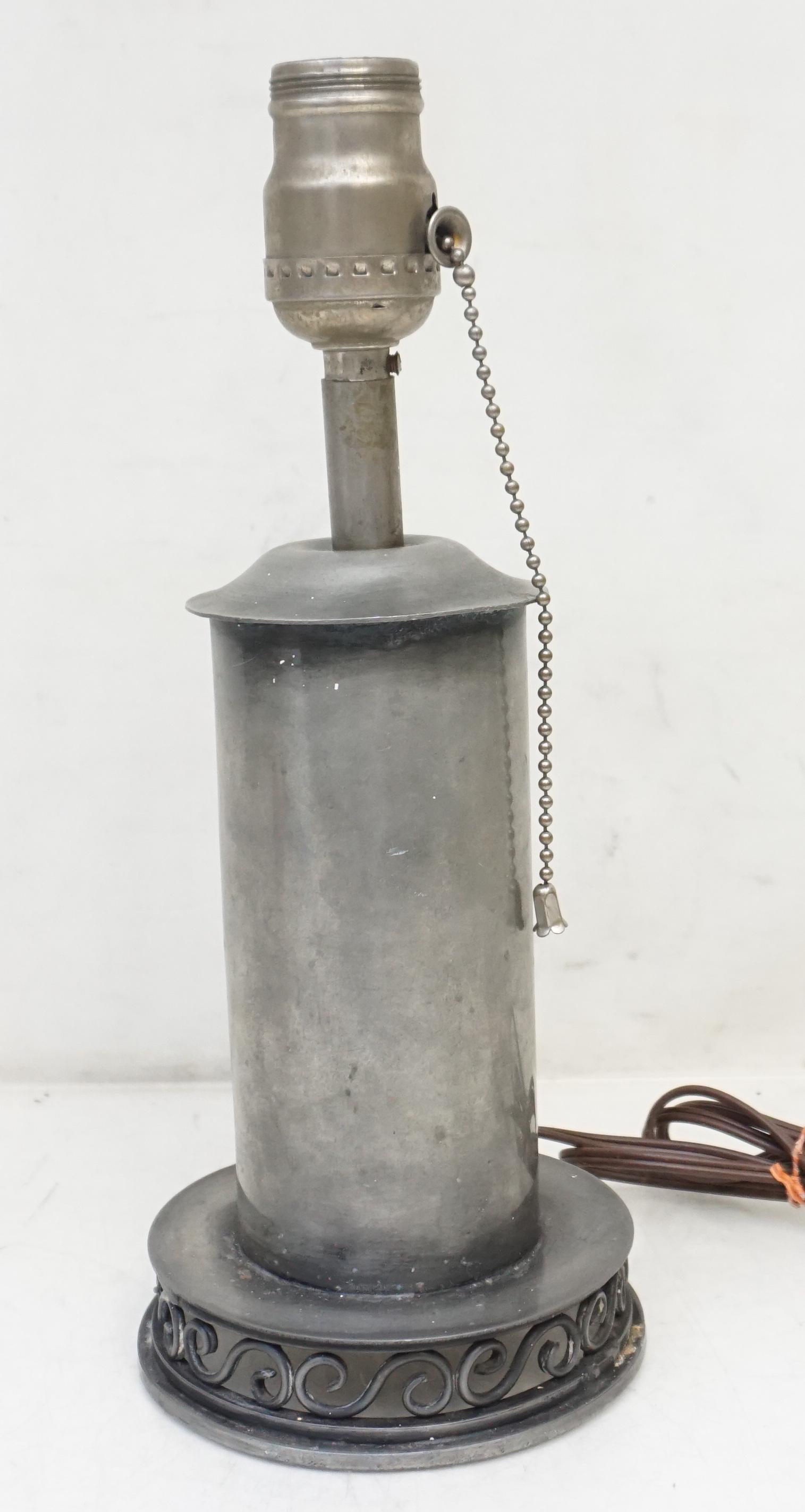 ANTIQUE PEWTER LAMP ELECTRIFIED: Antique Pewter Lamp, Electrified. With shade. Lamp 11 1/2". Shade 7". Older plug will need to be replaced. Weight on all 2 pds. PROVENANCE: A Private Charleston SC Estate