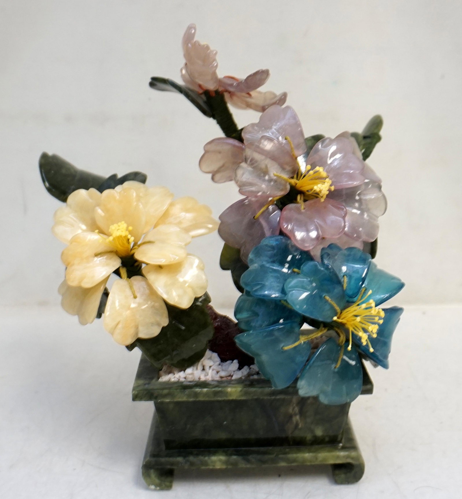 CHINESE JADE TREE IN JADE PLANTER: Vintage Chinese Jade Tree in Carved Jade Planter. With a Tree whose branches are garnished by jade and stone leaves and flowers. Measures 8"x6"x9". Weight 2 pds 14 oz. . * NO IN HOUSE SHIPPING. PROVEN