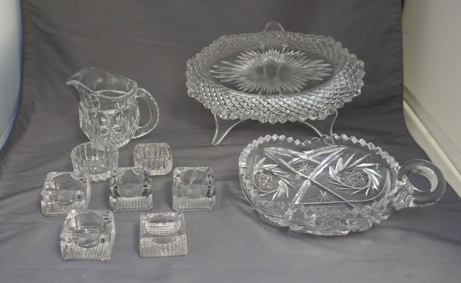 10 pc VINTAGE GLASS SALTS - NAPPY - BOWL - CREAMER: 7 Vintage Glass Salt Cellars, 4 matching and 3 varied. Creamer 3". Nappy 7 1/2", nick to 1 tooth. Relish 8", nicks. Weight on all 4 pds.