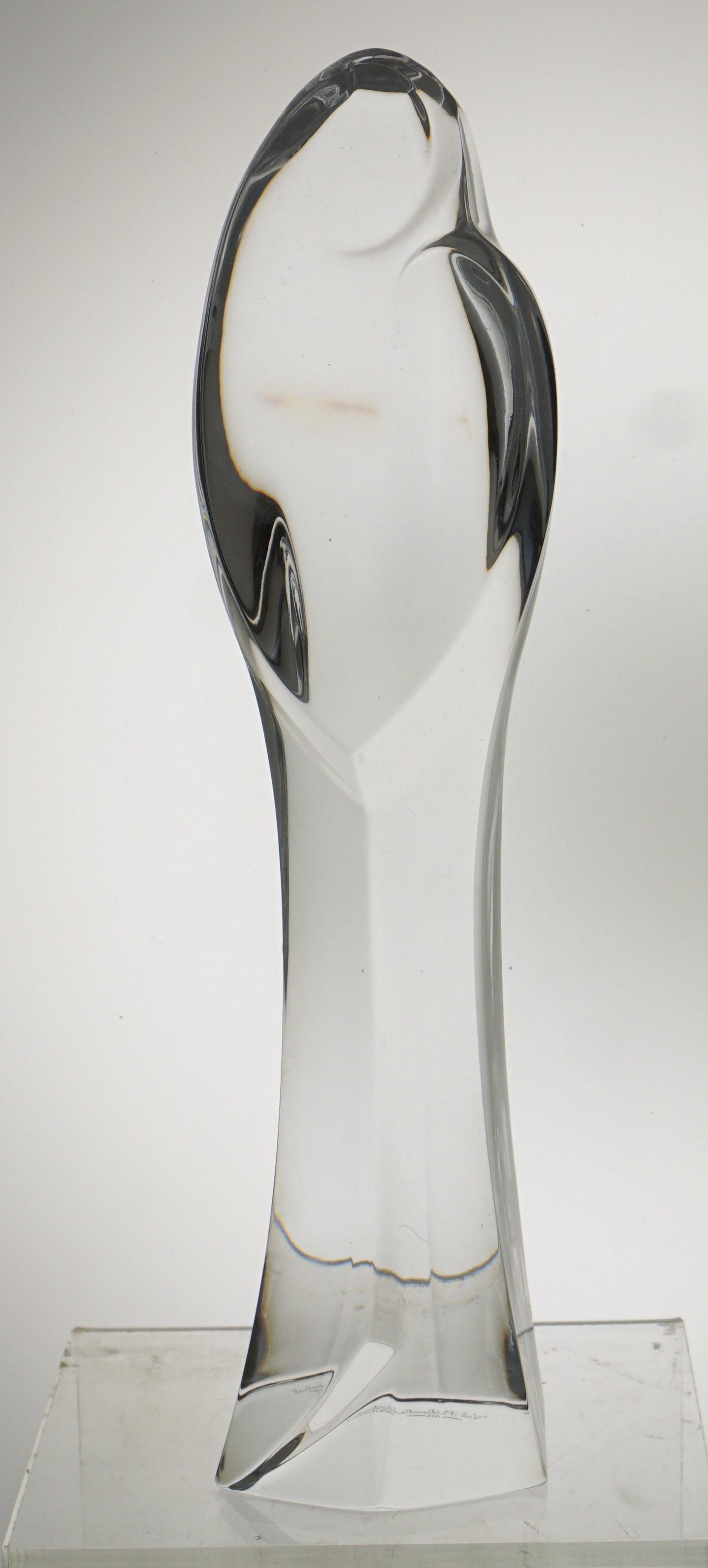 VAL ST LAMBERT CRYSTAL MADONNA & CHILD: Mid Century Val St. Lambert Crystal, Belgium, Madonna with Child Statue designed by Rene Delvenne. Measures 10 1/4” high and approximately 2 1/2” wide. Weight 2 pds 8 oz.100% of the Hammer