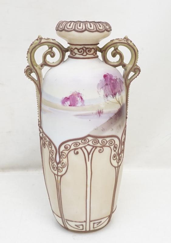 NIPPON MORIAGE DECORATED PORCELAIN HANDLED VASE (1 of 9)