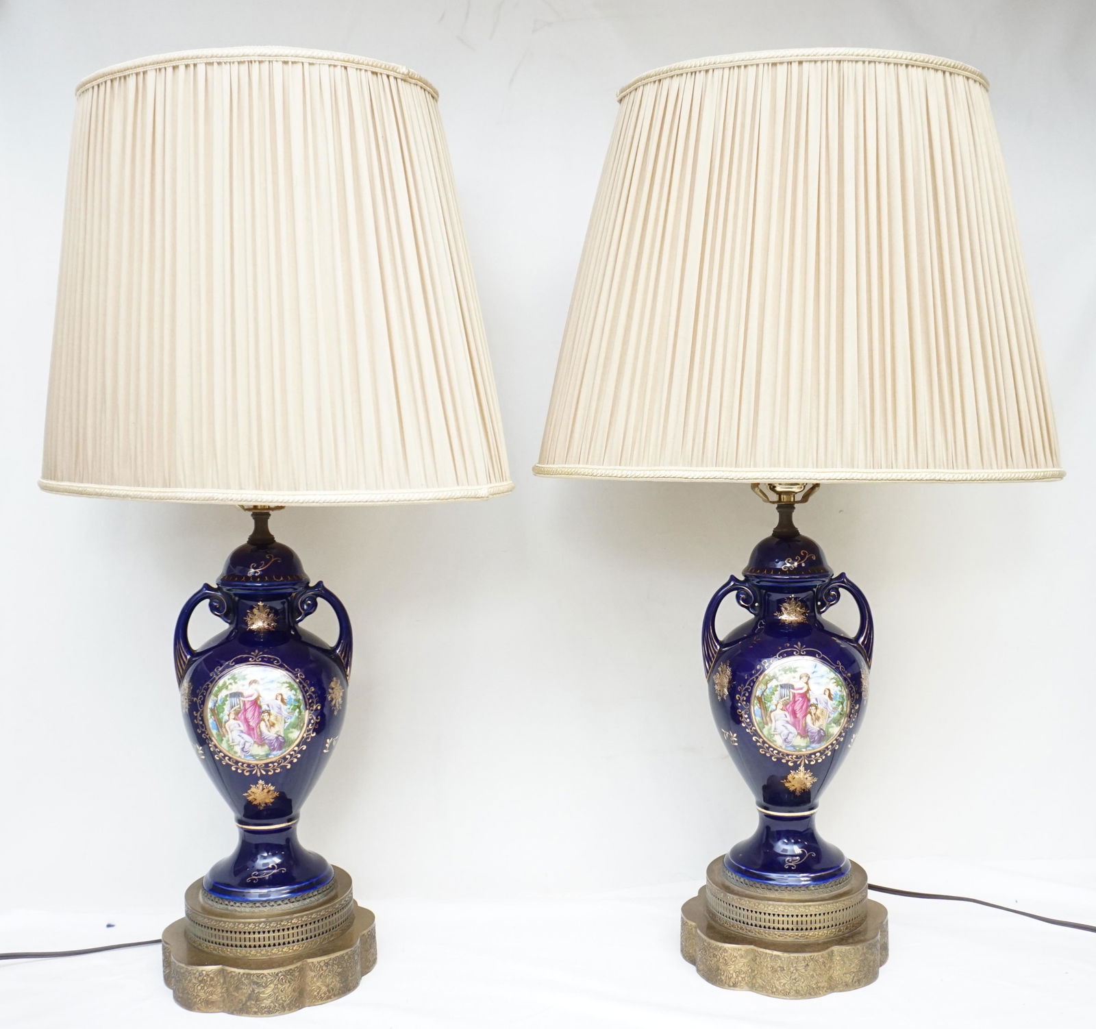 PAIR ROYAL VIENNA STYLE COBALT PORCELAIN LAMPS (1 of 10)