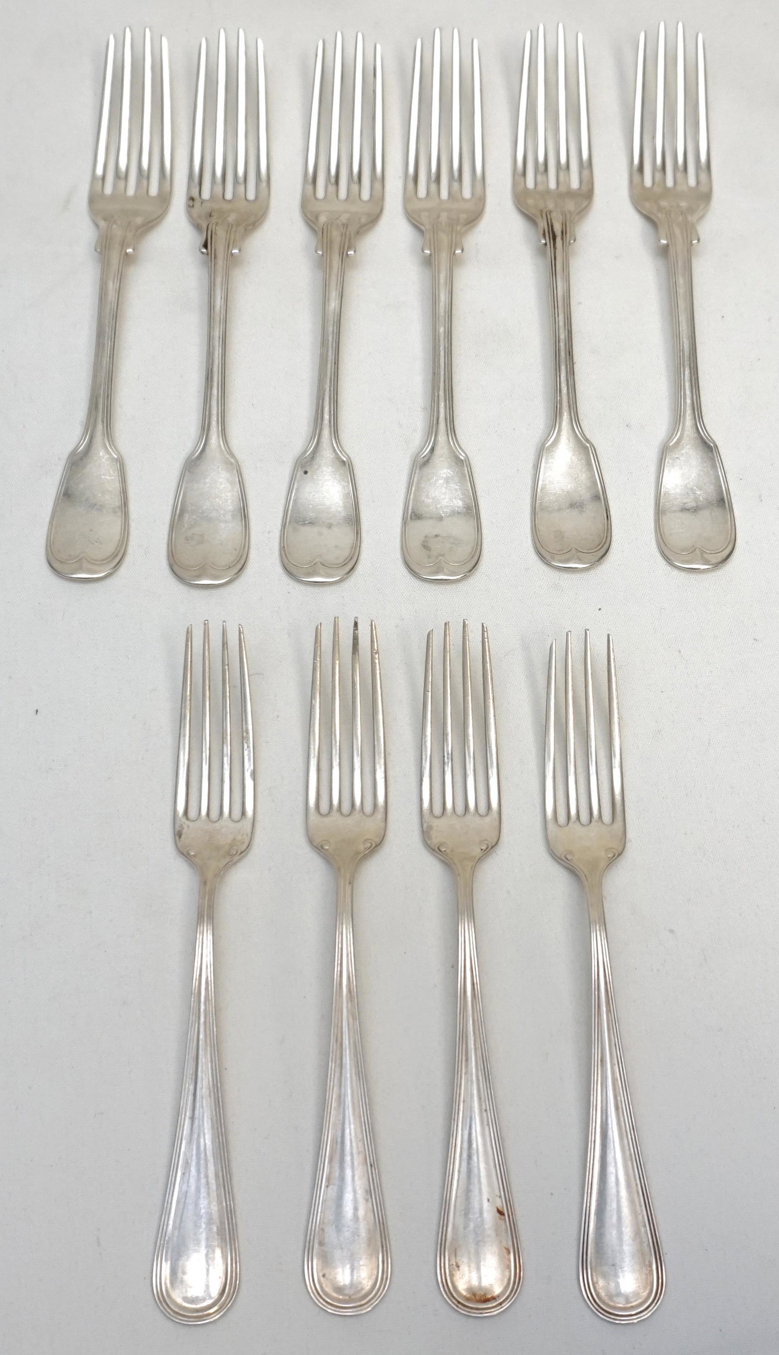 10 ANTIQUE AMERICAN STERLING FORKS: All are Antique American Sterling Silver 1- Five (5) Henry Hebbard "Threaded" Forks 1847, Retailed at W. Carrington, King Street, Charleston SC. Hebbard also made goods for early Tiffany & Co., Monogr
