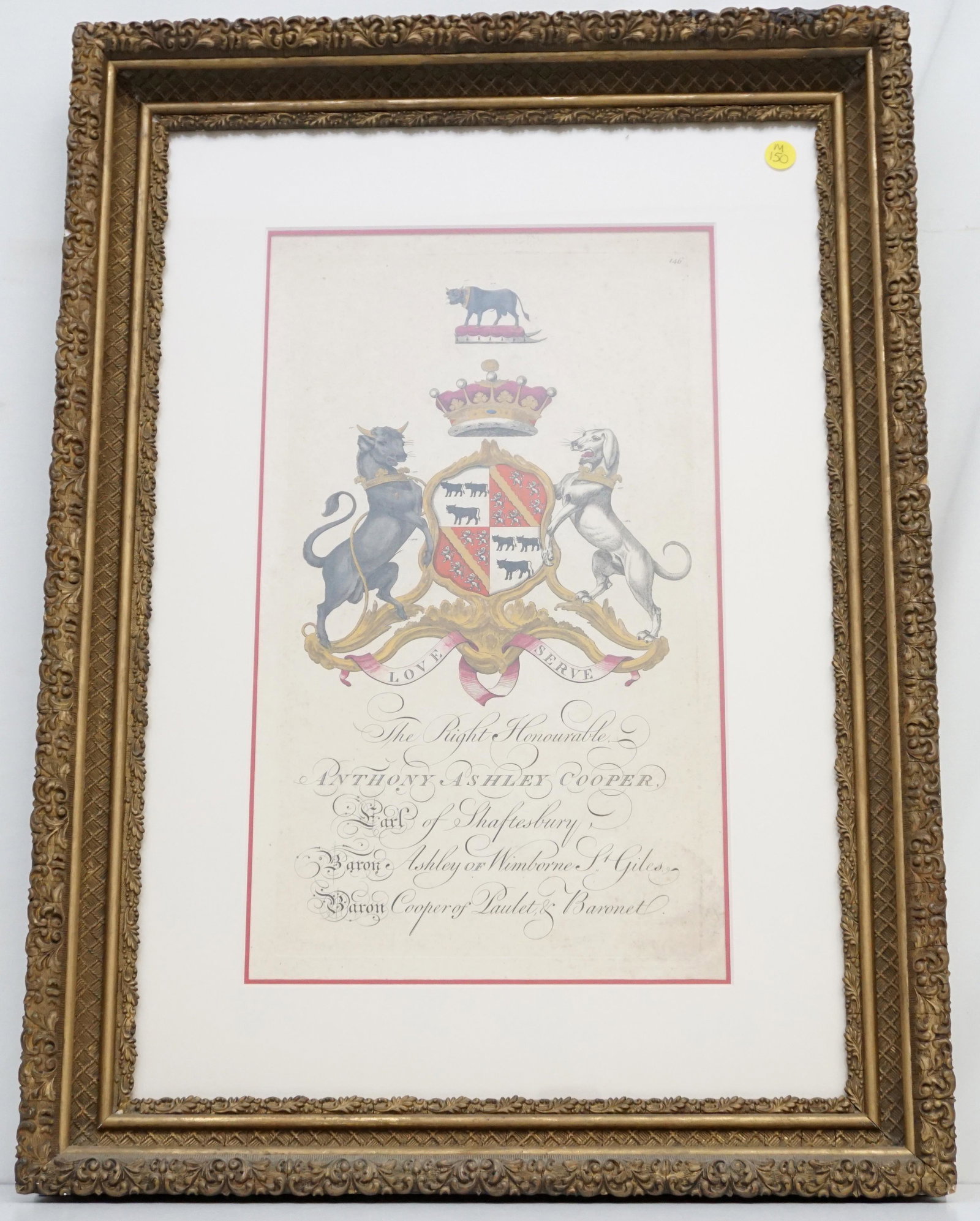 ANTIQUE 1764 ANTHONY ASHLEY COOPER COAT OF ARMS: Antique Framed Coat of Arms. Anthony Ashley Cooper c. 1764. Original hand colored copperplate Heraldry engraving for Joseph Edmonson, who superbly depicted the Coats of Arms of Nobles and Peers of the