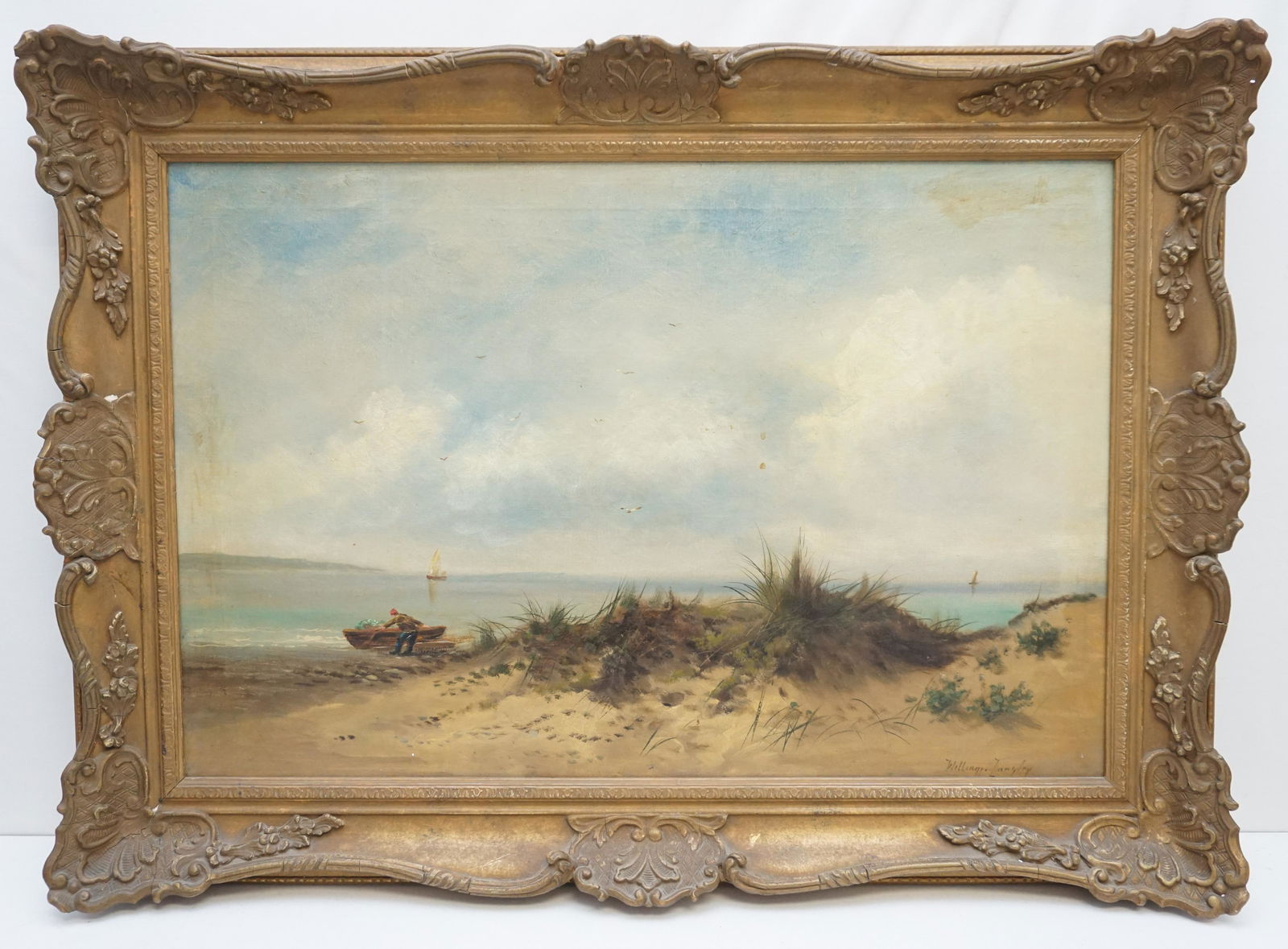 WILLIAM LANGLEY (1852-1922) COASTAL FISHERMAN: 19th c. Oil on Canvas Coastal Beach Scene with Fisherman by William Langley (1852-1922). In period wood frame. A prolific landscape painter, primarily in oil, who specialised in coastal beach scenes,