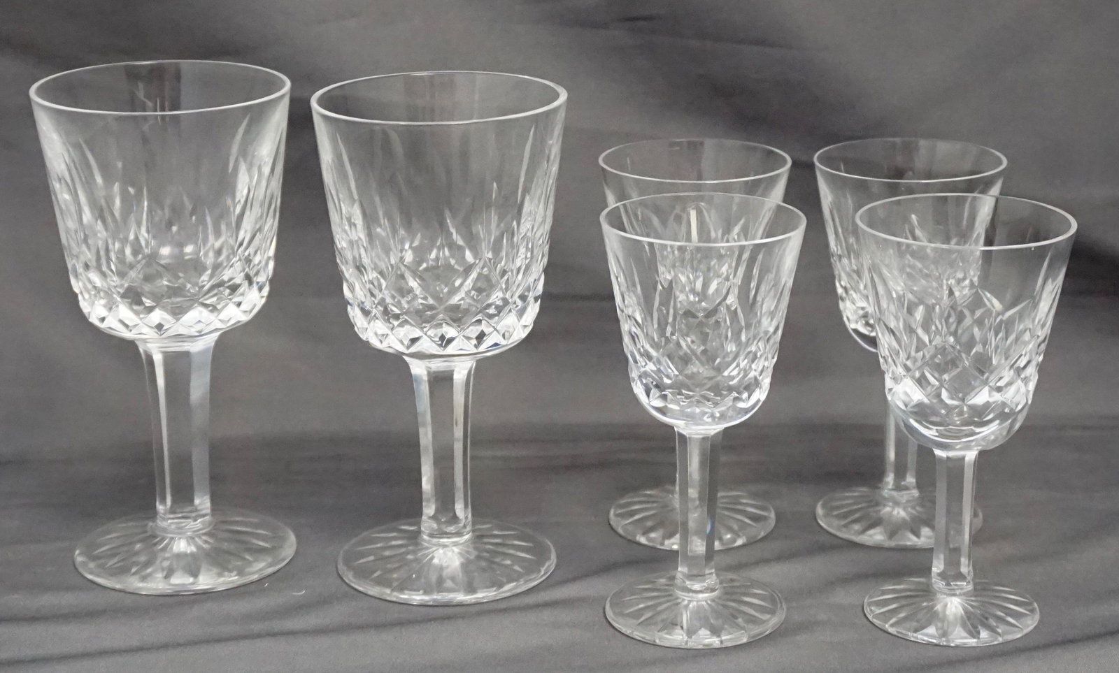 6 WATERFORD LISMORE PORT WINE & CORDIALS: 2 Waterford Crystal Lismore Port Wine Glasses 4 1/4" and 4 Waterford Crystal Lismore Small Liqueur Cocktail/Cordial Glasses 3 1/2", Weight on all 1 pd 3 oz. PROVENANCE: A Private Charleston SC Estate