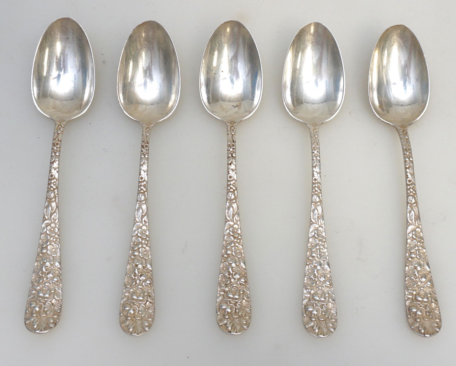 5 STERLING SILVER STIEFF REPOUSSE TEASPOONS (1 of 5)