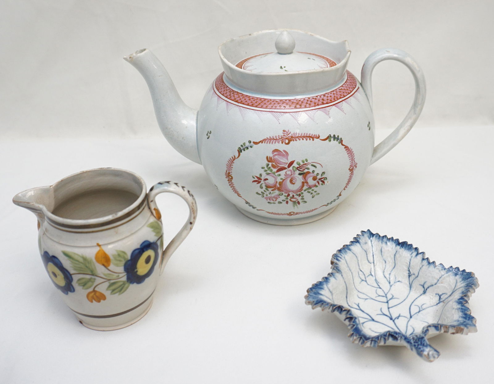 3 pc 19th c ENGLISH PEARLWARE TEAPOT + (1 of 12)