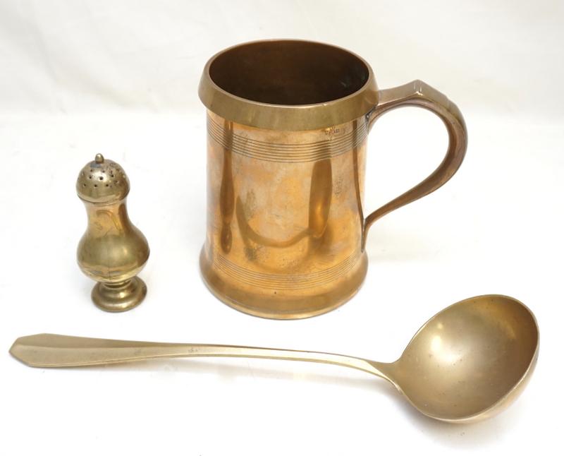 3 pc 19TH C ENGLISH BRASS QUART MUG - PEPPER POT + (1 of 11)