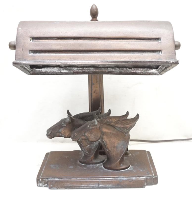 ART DECO BRONZE HORSE HEADS BANKERS LAMP (1 of 6)