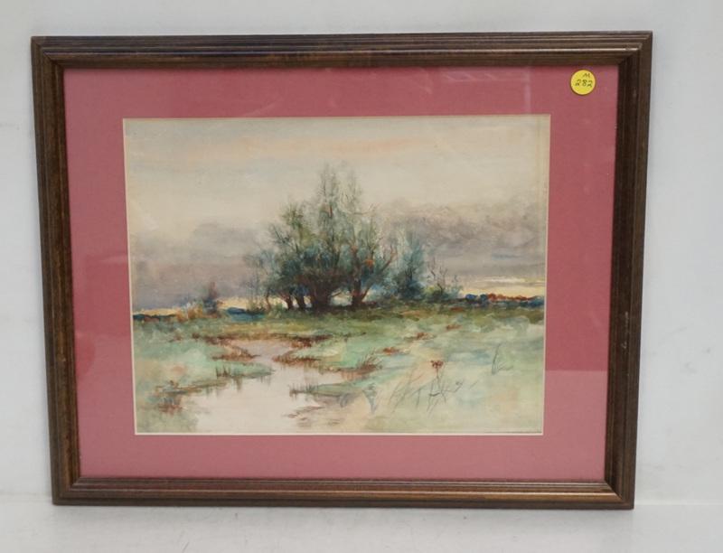 VINTAGE WATERCOLOR LANDSCAPE FRAMED: Vintage Watercolor Landscape. A grove of trees and a small stream. No visible signature. Professionally framed and matted. In wood frame measures 15 3/4"x20"x1". Weight 3 pds. 6 oz. PROVENANCE: A Priv