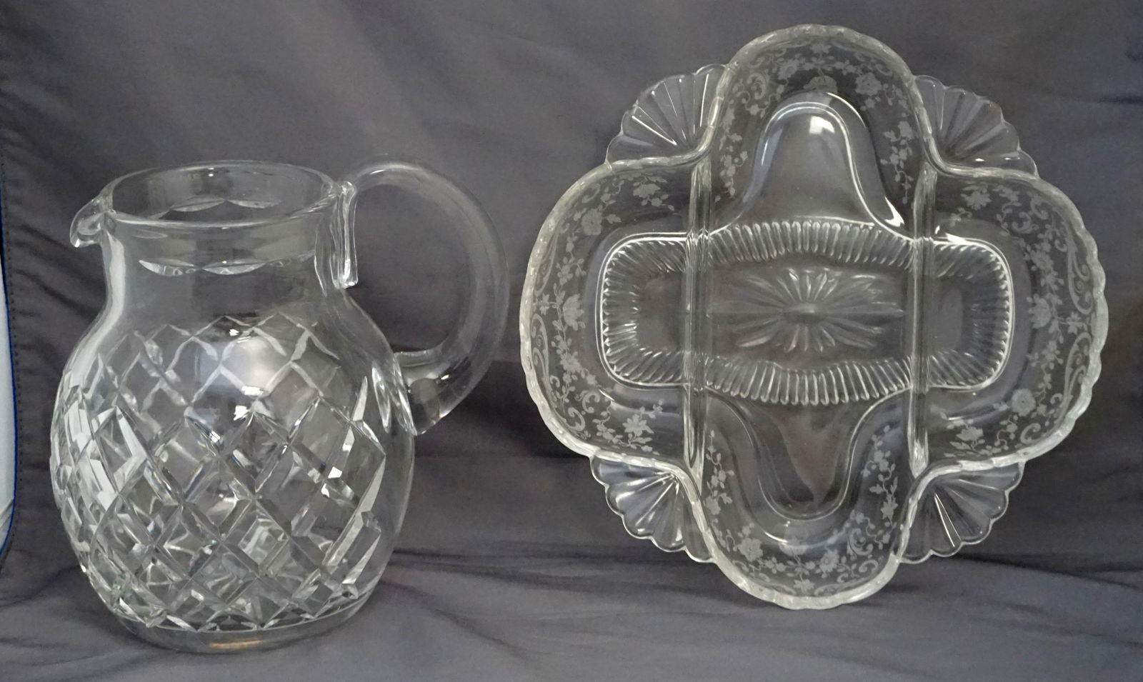 2 PC CAMBRIDGE CHANTILLY RELISH AND CUT GLASS JUG (1 of 4)