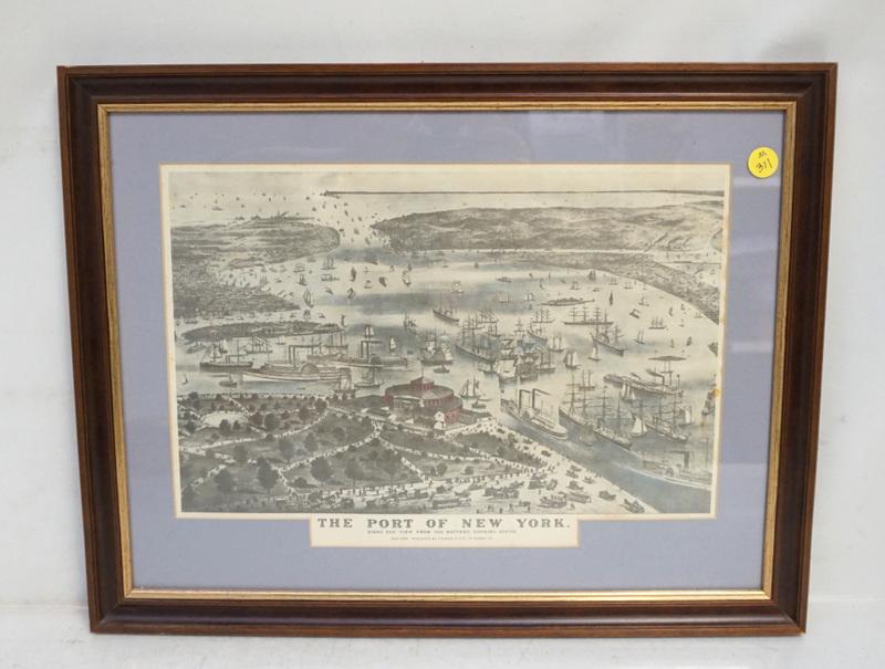 VINTAGE PORT OF NEW YORK CURRIER & IVES: Vintage Reprint of The Port of New York by Currier & Ives. Birds Eye View from the Battery, Looking South. After the original 1878 Lithograph. In frame measures 19 1/2"x15"x1". Weight 3 pds 5 oz. PROV