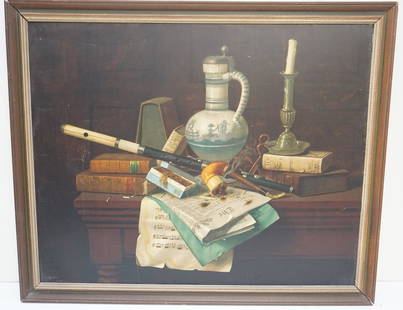 VINTAGE STILL LIFE PRINT WILLIAM MICHAEL HARNETT: Vintage Frame Still Life art print by William Michael Harnett. A smoking pipe, tobacco and jug. In frame measures 29"x24"x1". Weight 3 pds 10 oz. PROVENANCE: A Charleston SC Private Estate