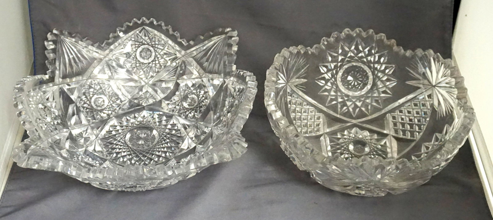 2 PIECE AMERICAN BRILLIANT CUT GLASS BOWLS: 2 American Brilliant Period Cut Glass Bowls. Star shaped bowl 11 1/4"x11 1/4"x3" Round Bowl * 1/4"x8 1/4"x3 1/2" Weight combined 7 pds 1 oz.
