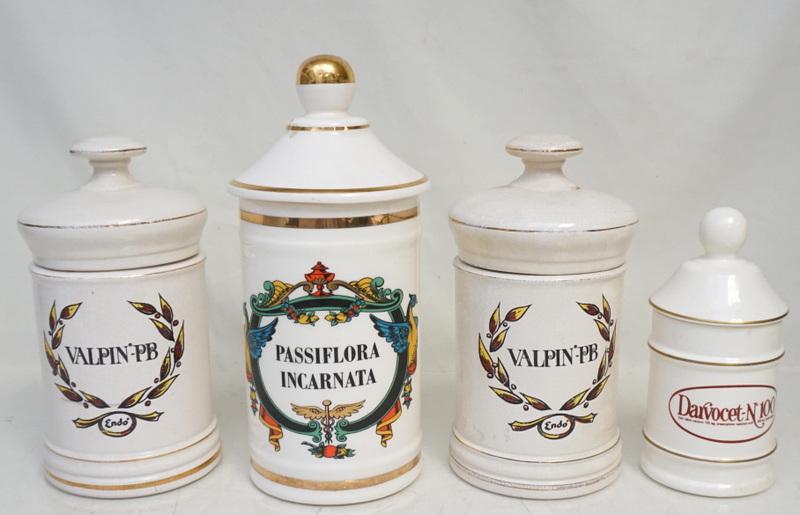 4 VINTAGE MID CENTURY APOTHECARY JARS: All were Advertising Promos 1950s-60s. Two Vintage Valpin PB Endo Phenobarbital Apothecary Jar, both with crazing one with crack to lid 9'. Darvocet-N 100 by Lilly 7 1/2". Tallest is Passiflora Incarn