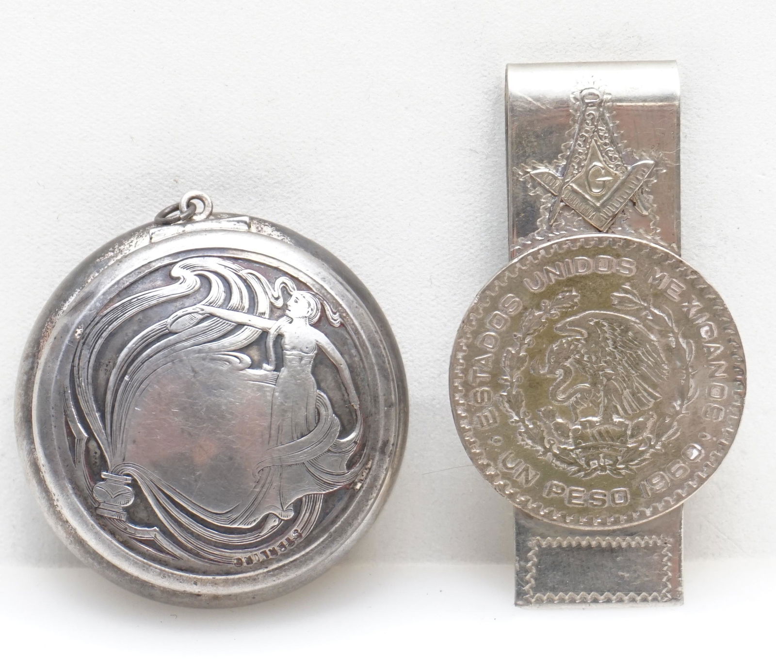 2 PC STERLING COMPACT & MASONS MONEY CLIP (1 of 6)