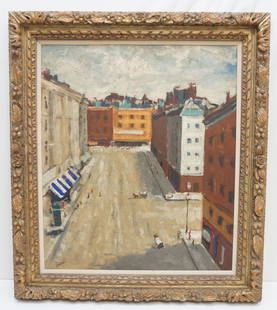 MID CENTURY FRENCH IMPRESSIONIST VERNET CITY STREET: French Mid Century Impressionist Oil on Masonite "City Street" signed Vernet lower right. In French Heavily Carved Wood Frame. In frame measures 29"x34"x2". Weight 12 pds. NO IN HOUSE SHIPPING. PROVEN