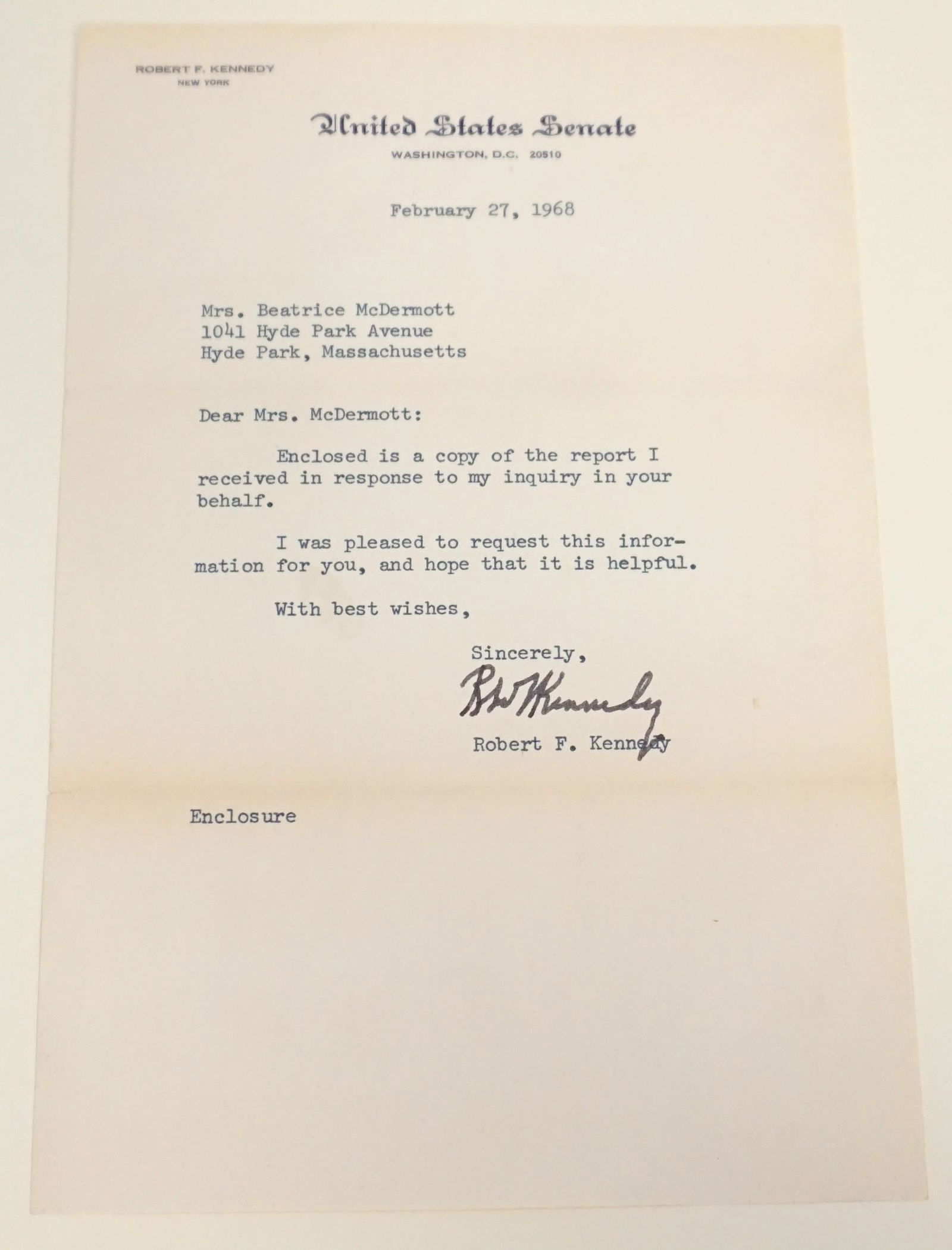 ROBERT F. KENNEDY SIGNED LETTER (1 of 5)