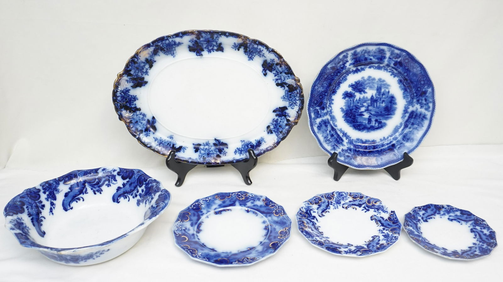6 pc ANTIQUE FLOW BLUE - PLATTER - BOWL - PLATES (1 of 11)