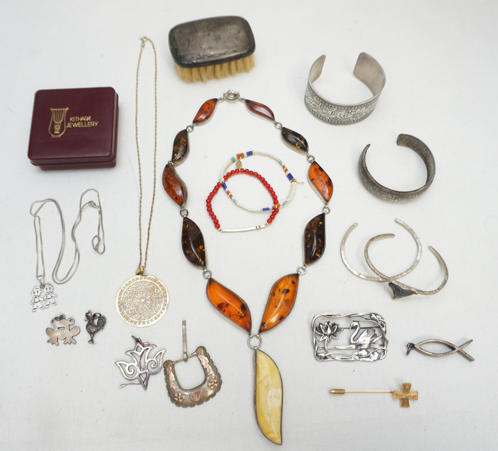 LARGE GROUPING STERLING + OTHER JEWELRY: 1- Gilded Sterling Kithara Necklace, Pendant 1 1/2", in original box. 2- Sterling Silver & Coral Bead Evil Eye Stretch Bracelet from Turkey. 3- Tilu Shashi 24k gold plated stations mixed with multi co