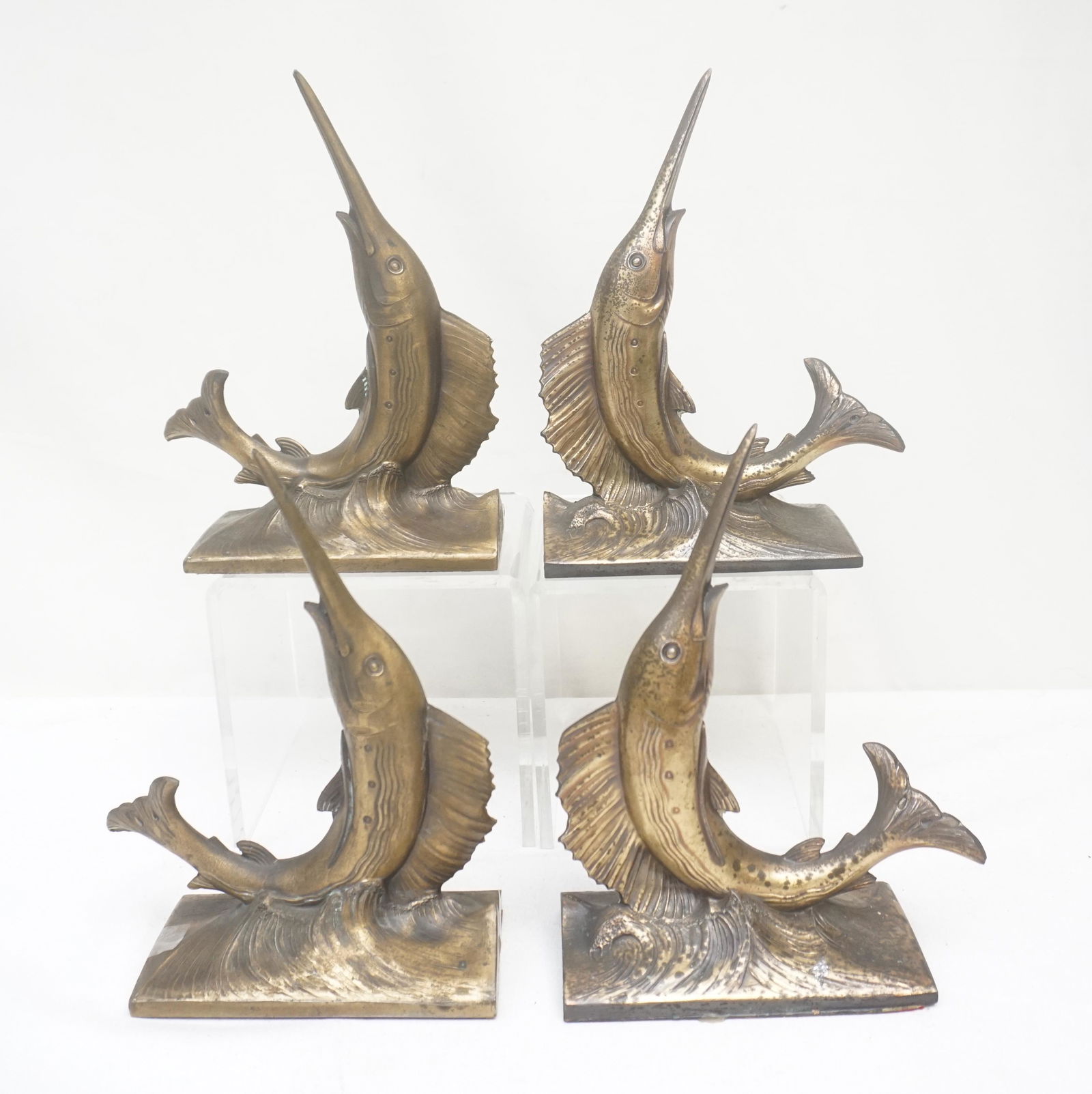 4 PC VINTAGE BRASS SAILFISH BOOKENDS (1 of 9)