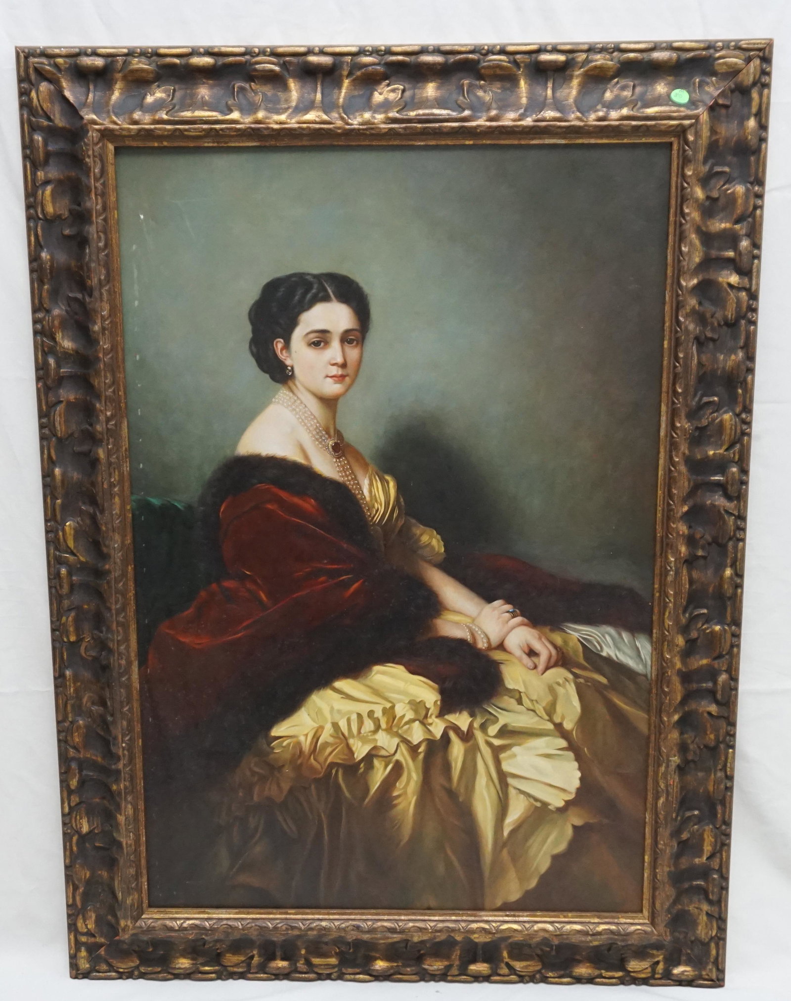 WOMAN WITH FUR CLOAK PORTRAIT GICLEE: Woman with Fur Cloak Giclee in Gallery Frame 32"x44"x2". Weight 14 pds. NO IN HOUSE SHIPPING. PROVENANCE: A Private Charleston SC Estate.***Pickup only or Shipping on this item offered through , Pak M